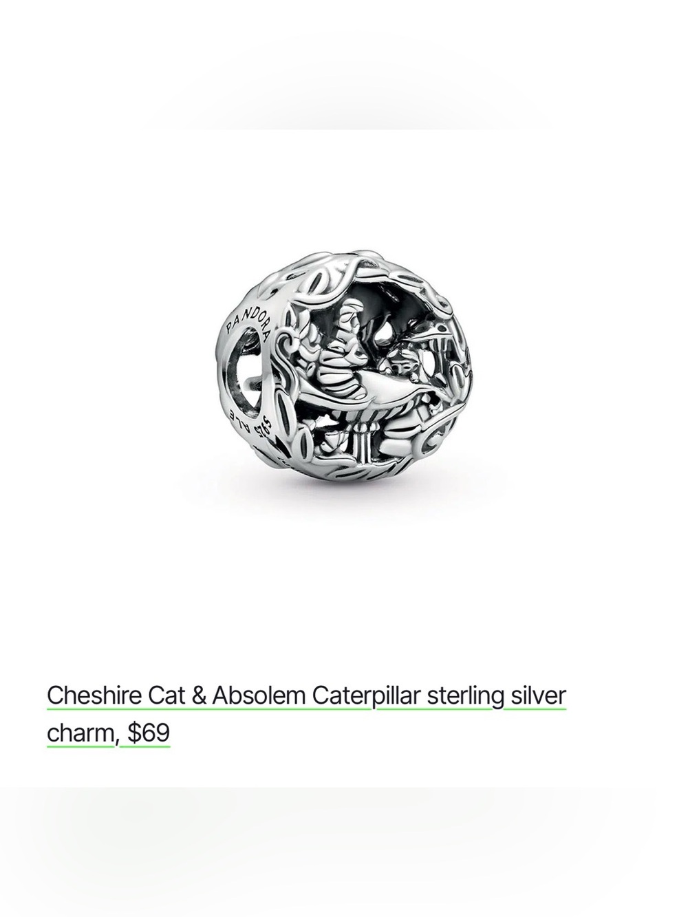 Pandora Disney Alice in Wonderland Cheshire Cat & Absolem Sterling Silver Charm